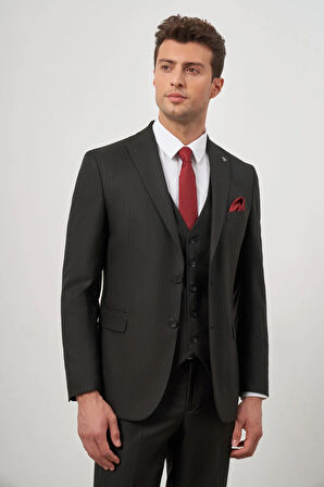 Siyah Kendinden Çizgili Desen Bez Ayağı Kılıç Yaka Tam Astar Çift Yırtmaç 2 Düğme Yelekli 6 Drop Slim Fit Classic Takım Elbise 1001245154
