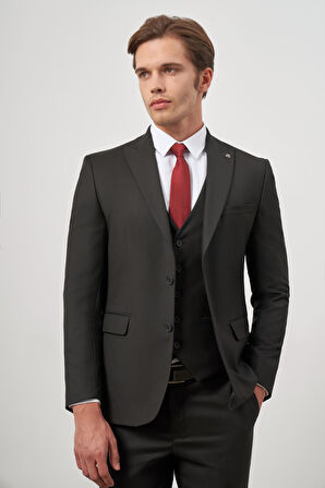 Siyah Kendinden Çizgili Desen Bez Ayağı Kılıç Yaka Tam Astar Çift Yırtmaç 2 Düğme Yelekli 6 Drop Slim Fit Classic Takım Elbise 1001245155