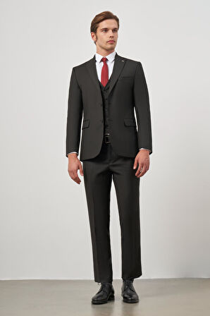 Siyah Kendinden Çizgili Desen Bez Ayağı Kılıç Yaka Tam Astar Çift Yırtmaç 2 Düğme Yelekli 6 Drop Slim Fit Classic Takım Elbise 1001245155