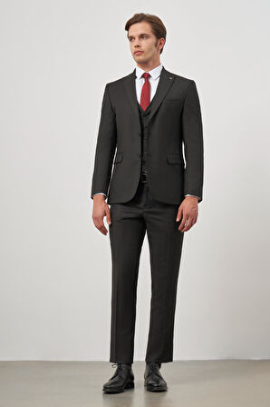 Siyah Kendinden Çizgili Desen Bez Ayağı Kılıç Yaka Tam Astar Çift Yırtmaç 2 Düğme Yelekli 6 Drop Slim Fit Classic Takım Elbise 1001245155