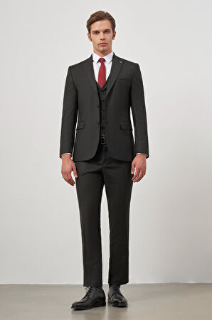 Siyah Kendinden Çizgili Desen Bez Ayağı Kılıç Yaka Tam Astar Çift Yırtmaç 2 Düğme Yelekli 6 Drop Slim Fit Classic Takım Elbise 1001245155