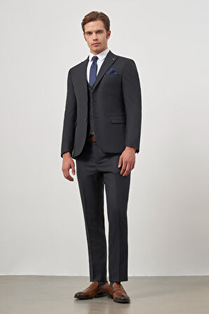 Koyu Lacivert Kendinden Çizgili Desen Bez Ayağı Kılıç Yaka Tam Astar Çift Yırtmaç 2 Düğme Yelekli 6 Drop Slim Fit Classic Takım Elbise 1001245155