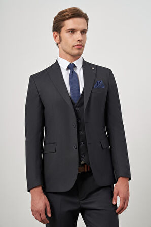 Koyu Lacivert Kendinden Çizgili Desen Bez Ayağı Kılıç Yaka Tam Astar Çift Yırtmaç 2 Düğme Yelekli 6 Drop Slim Fit Classic Takım Elbise 1001245155