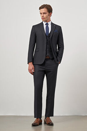 Koyu Lacivert Kendinden Çizgili Desen Bez Ayağı Kılıç Yaka Tam Astar Çift Yırtmaç 2 Düğme Yelekli 6 Drop Slim Fit Classic Takım Elbise 1001245155