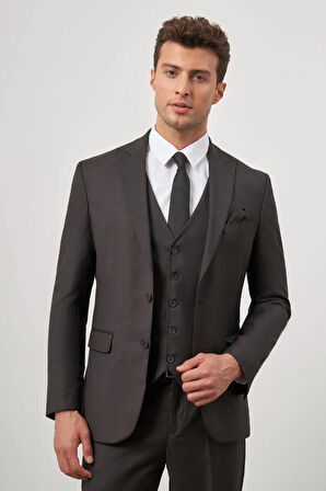 Siyah Kendinden Desenli Armürlü Kılıç Yaka Tam Astar Çift Yırtmaç 2 Düğme Yelekli 6 Drop Slim Fit Classic Takım Elbise 1001245156