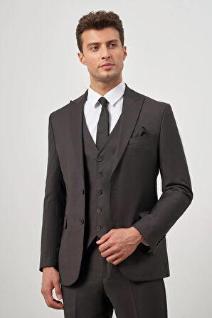 Siyah Kendinden Desenli Armürlü Kılıç Yaka Tam Astar Çift Yırtmaç 2 Düğme Yelekli 6 Drop Slim Fit Classic Takım Elbise 1001245156