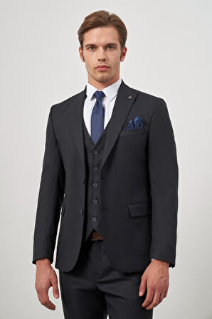 Koyu Lacivert Kendinden Desenli Armürlü Kılıç Yaka Tam Astar Çift Yırtmaç 2 Düğme Yelekli 6 Drop Slim Fit Classic Takım Elbise 1001245156