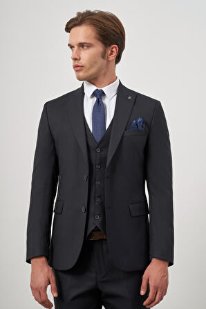 Koyu Lacivert Kendinden Desenli Armürlü Kılıç Yaka Tam Astar Çift Yırtmaç 2 Düğme Yelekli 6 Drop Slim Fit Classic Takım Elbise 1001245156