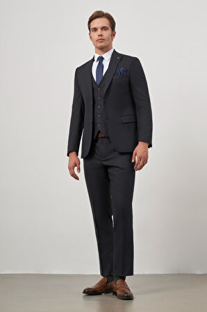 Koyu Lacivert Kendinden Desenli Armürlü Kılıç Yaka Tam Astar Çift Yırtmaç 2 Düğme Yelekli 6 Drop Slim Fit Classic Takım Elbise 1001245156