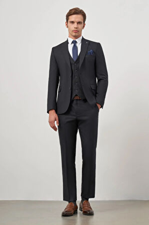 Koyu Lacivert Kendinden Desenli Armürlü Kılıç Yaka Tam Astar Çift Yırtmaç 2 Düğme Yelekli 6 Drop Slim Fit Classic Takım Elbise 1001245156