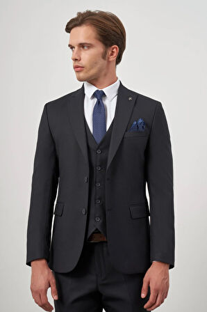 Koyu Lacivert Kendinden Desenli Armürlü Kılıç Yaka Tam Astar Çift Yırtmaç 2 Düğme Yelekli 6 Drop Slim Fit Classic Takım Elbise 1001245156