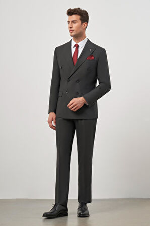 Siyah Kendinden Çizgili Desen Bez Ayağı Kılıç Yaka Tam Astar Çift Yırtmaç Kruvaze 6 Drop Slim Fit Classic Takım Elbise 1001245157