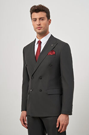 Siyah Kendinden Çizgili Desen Bez Ayağı Kılıç Yaka Tam Astar Çift Yırtmaç Kruvaze 6 Drop Slim Fit Classic Takım Elbise 1001245157