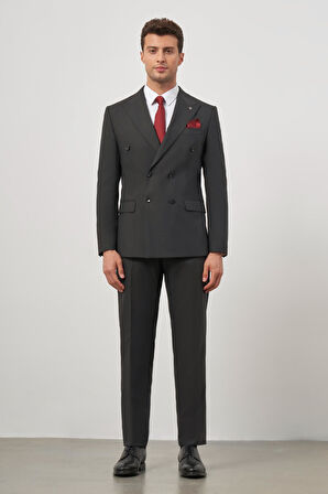 Siyah Kendinden Çizgili Desen Bez Ayağı Kılıç Yaka Tam Astar Çift Yırtmaç Kruvaze 6 Drop Slim Fit Classic Takım Elbise 1001245157