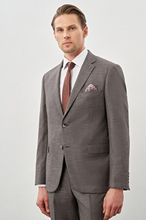 Koyu Vizon Kendinden Desenli Bez Ayağı Mono Yaka Tam Astar Çift Yırtmaç 2 Düğme 6 Drop Comfort Fit Classic Takım Elbise 1001245162