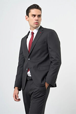 Siyah Düz Bez Ayağı Mono Yaka Tam Astar Çift Yırtmaç 2 Düğme 6 Drop Comfort Fit Classic Takım Elbise 1001245167