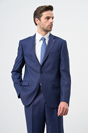 Koyu Lacivert Kendinden Desenli Bez Ayağı Mono Yaka Tam Astar Çift Yırtmaç 2 Düğme 6 Drop Comfort Fit Classic Takım Elbise 1001245169