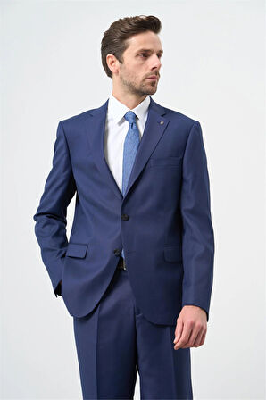 Koyu Lacivert Kendinden Desenli Bez Ayağı Mono Yaka Tam Astar Çift Yırtmaç 2 Düğme 6 Drop Comfort Fit Classic Takım Elbise 1001245169