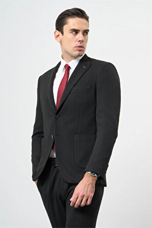 Siyah Çizgili Desen Örme Kılıç Yaka Astarsız Çift Yırtmaç 2 Düğme Beli Lastikli 6 Drop Slim Fit Classic Takım Elbise 1001245170