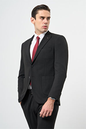 Siyah Çizgili Desen Örme Kılıç Yaka Astarsız Çift Yırtmaç 2 Düğme Beli Lastikli 6 Drop Slim Fit Classic Takım Elbise 1001245170