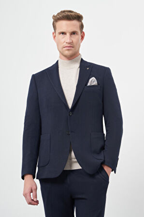 Koyu Lacivert Çizgili Desen Örme Kılıç Yaka Astarsız Çift Yırtmaç 2 Düğme Beli Lastikli 6 Drop Slim Fit Classic Takım Elbise 1001245170