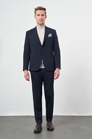 Koyu Lacivert Çizgili Desen Örme Kılıç Yaka Astarsız Çift Yırtmaç 2 Düğme Beli Lastikli 6 Drop Slim Fit Classic Takım Elbise 1001245170