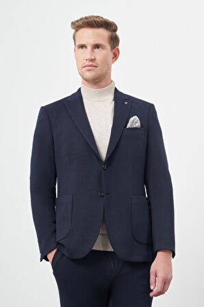 Koyu Lacivert Çizgili Desen Örme Kılıç Yaka Astarsız Çift Yırtmaç 2 Düğme Beli Lastikli 6 Drop Slim Fit Classic Takım Elbise 1001245170