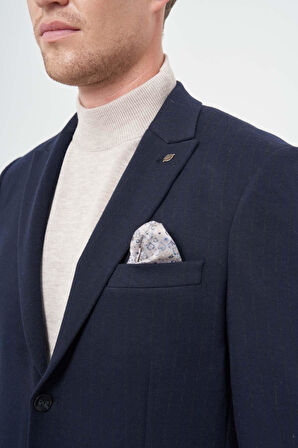 Koyu Lacivert Çizgili Desen Örme Kılıç Yaka Astarsız Çift Yırtmaç 2 Düğme Beli Lastikli 6 Drop Slim Fit Classic Takım Elbise 1001245170