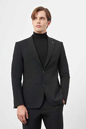 Siyah Desenli Örme Mono Yaka Yarım Astar Esnek 6 Drop Slim Fit Classic Takım Elbise 1001245174