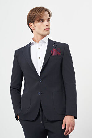 Koyu Lacivert Desenli Örme Mono Yaka Yarım Astar Esnek 6 Drop Slim Fit Classic Takım Elbise 1001245174