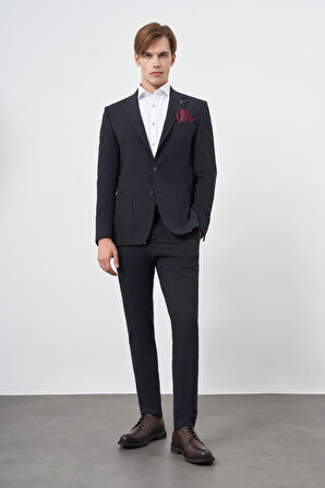 Koyu Lacivert Desenli Örme Mono Yaka Yarım Astar Esnek 6 Drop Slim Fit Classic Takım Elbise 1001245174