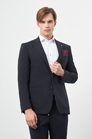 Koyu Lacivert Desenli Örme Mono Yaka Yarım Astar Esnek 6 Drop Slim Fit Classic Takım Elbise 1001245174