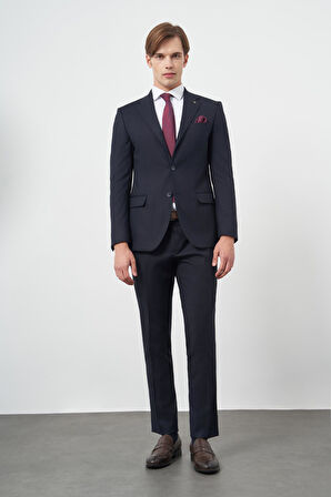 Koyu Lacivert Armürlü Mono Yaka Tam Astar Esnek 6 Drop Slim Fit Classic Takım Elbise 1001245175