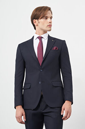 Koyu Lacivert Armürlü Mono Yaka Tam Astar Esnek 6 Drop Slim Fit Classic Takım Elbise 1001245175