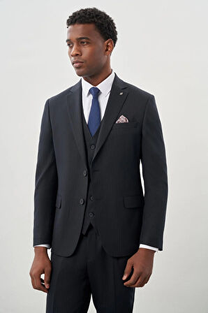 Koyu Lacivert Bez Ayağı Kılıç Yaka Tam Astar Yelekli 6 Drop Slim Fit Takım Elbise 1001245177