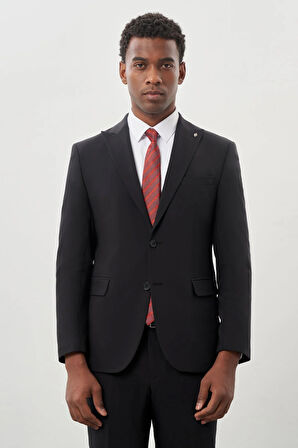 Siyah Düz Bez Ayağı Kılıç Yaka 2 Düğme Yünlü 6 Drop Slim Fit Classic Takım Elbise 1001245179_001