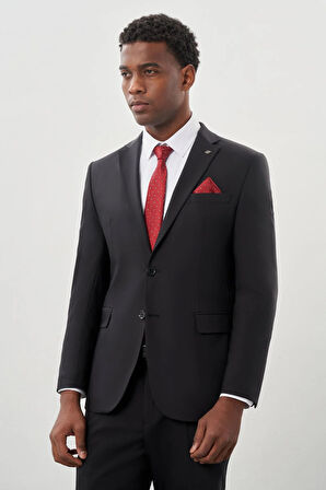 Siyah Düz Bez Ayağı Mono Yaka 2 Düğme Yünlü 6 Drop Comfort Fit Classic Takım Elbise 1001245180_001