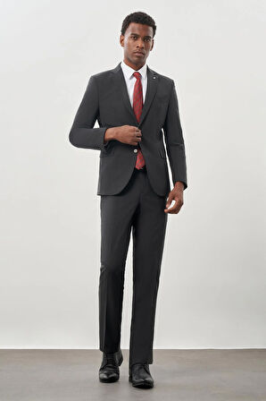 Koyu Antrasit Düz Bez Ayağı Mono Yaka 2 Düğme Yünlü 6 Drop Comfort Fit Classic Takım Elbise 1001245180_070