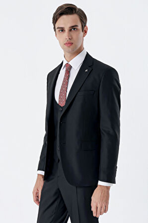 Siyah Mono Yaka Çift Yırtmaç Yelekli 6 Drop Slim Fit Dar Kesim Basic Takım Elbise 1001245186