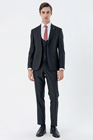 Siyah Mono Yaka Çift Yırtmaç Yelekli 6 Drop Slim Fit Dar Kesim Basic Takım Elbise 1001245186