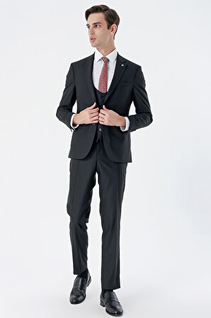 Siyah Mono Yaka Çift Yırtmaç Yelekli 6 Drop Slim Fit Dar Kesim Basic Takım Elbise 1001245186