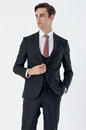 Siyah Mono Yaka Çift Yırtmaç Yelekli 6 Drop Slim Fit Dar Kesim Basic Takım Elbise 1001245186