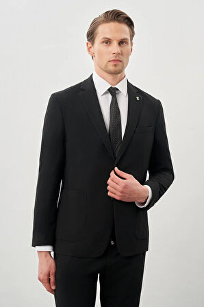 Siyah Desenli Gofreli Mono Yaka Malzemesiz Beli Lastikli Esnek 6 Drop Slim Fit Casual Takım Elbise 1001245270