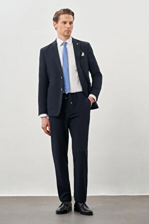 Koyu Lacivert Desenli Gofreli Mono Yaka Malzemesiz Beli Lastikli Esnek 6 Drop Slim Fit Casual Takım Elbise 1001245270