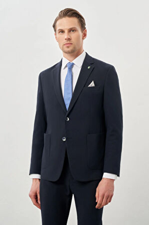 Koyu Lacivert Desenli Gofreli Mono Yaka Malzemesiz Beli Lastikli Esnek 6 Drop Slim Fit Casual Takım Elbise 1001245270