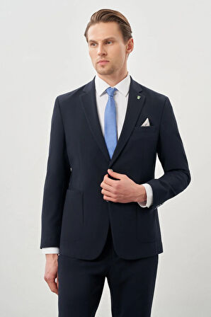 Koyu Lacivert Desenli Gofreli Mono Yaka Malzemesiz Beli Lastikli Esnek 6 Drop Slim Fit Casual Takım Elbise 1001245270