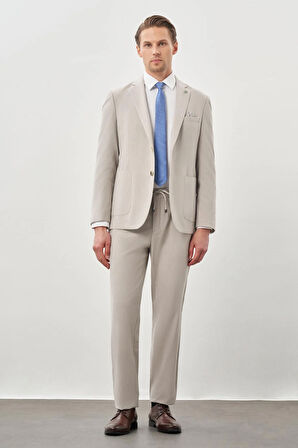 Açık Bej Desenli Gofreli Mono Yaka Malzemesiz Beli Lastikli Esnek 6 Drop Slim Fit Casual Takım Elbise 1001245270