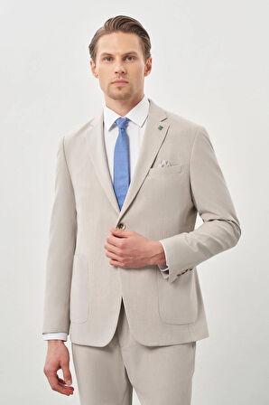 Açık Bej Desenli Gofreli Mono Yaka Malzemesiz Beli Lastikli Esnek 6 Drop Slim Fit Casual Takım Elbise 1001245270