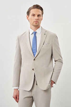 Açık Bej Desenli Gofreli Mono Yaka Malzemesiz Beli Lastikli Esnek 6 Drop Slim Fit Casual Takım Elbise 1001245270