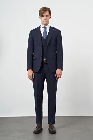 Lacivert Bez Ayağı Kılıç Yaka Tam Astar Yelekli 6 Drop Slim Fit Takım Elbise 1001245386